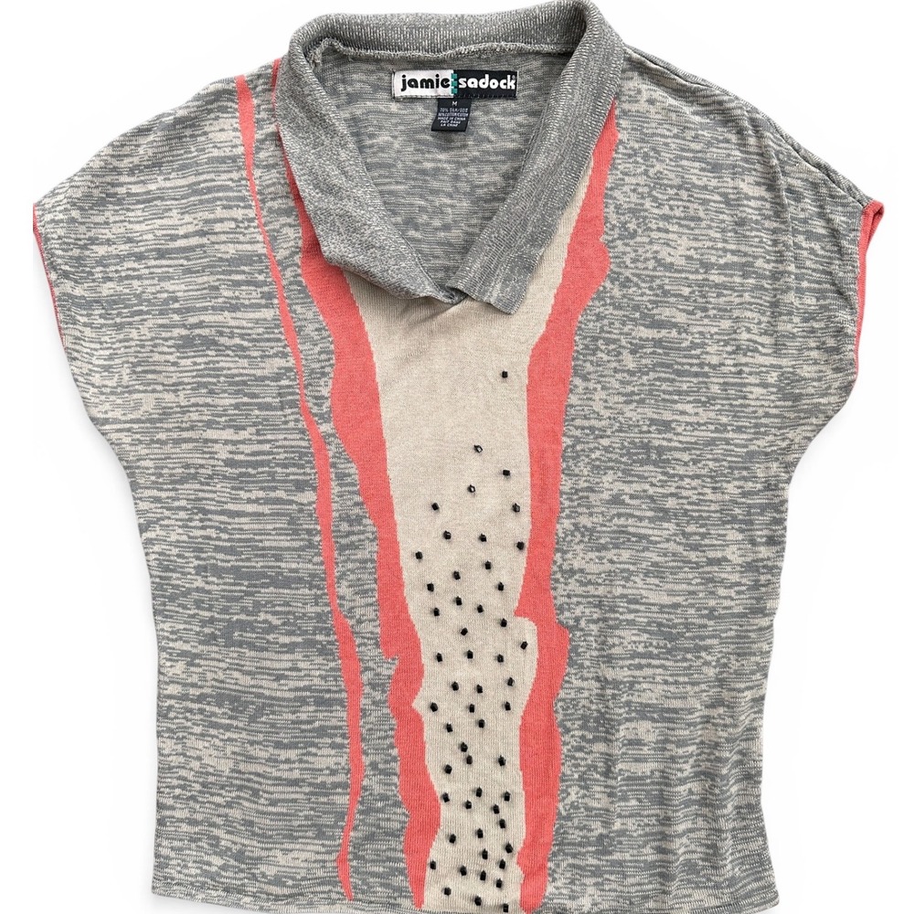 Jamie Sadock Knit Top Womens M Grey Coral Silk Blend Excellent Beaded 51719